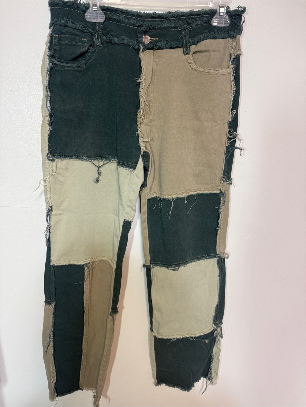 “Jeans” brand Patchwork Two-Tone Distressed Jeans - Green & Khaki